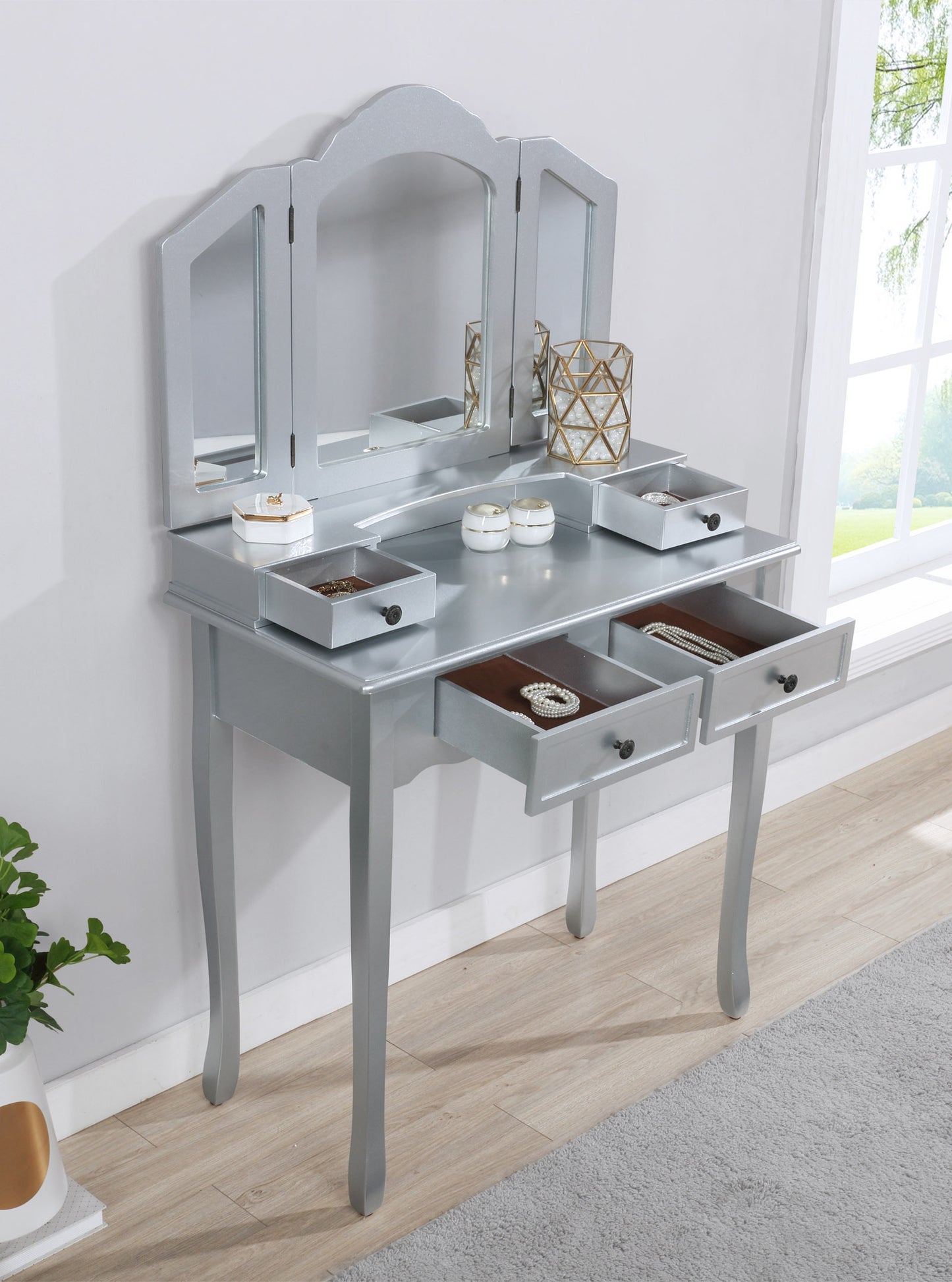 Roundhill Furniture Sanlo Wooden Vanity, Make Up Table and Stool Set, Silver