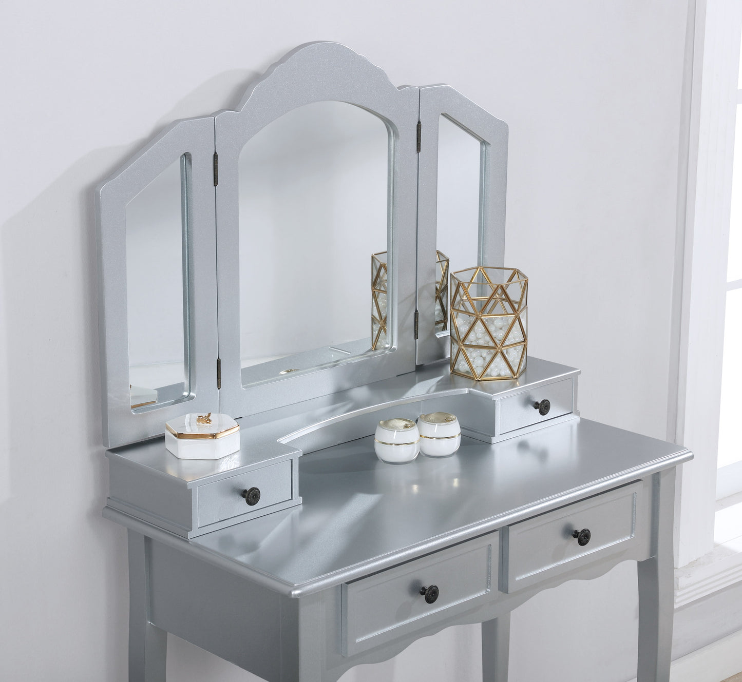 Roundhill Furniture Sanlo Wooden Vanity, Make Up Table and Stool Set, Silver