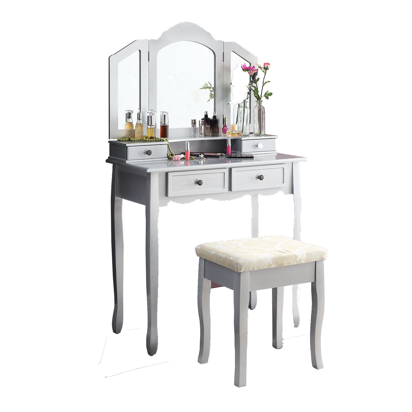 Roundhill Furniture Sanlo Wooden Vanity, Make Up Table and Stool Set, Silver