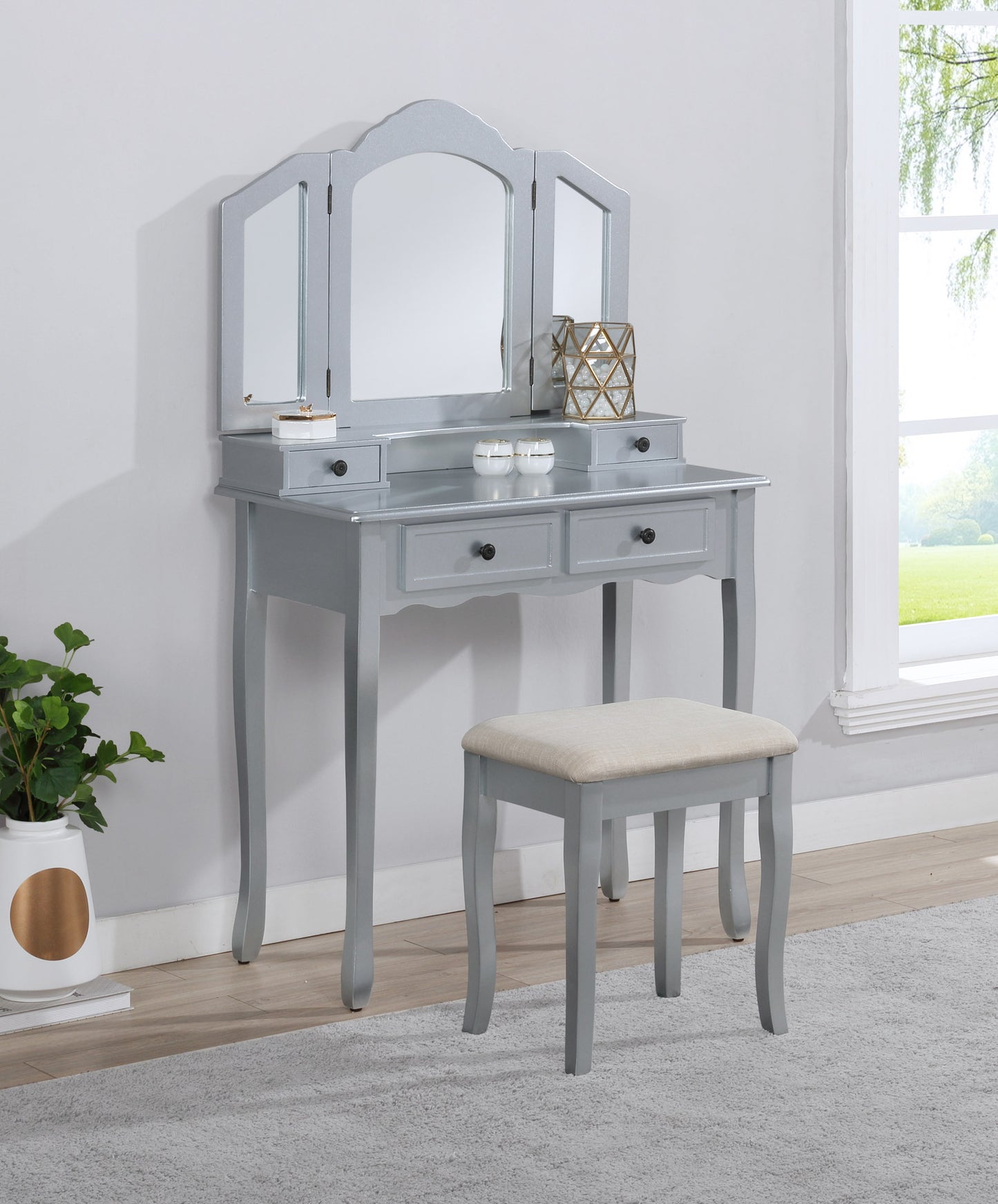 Roundhill Furniture Sanlo Wooden Vanity, Make Up Table and Stool Set, Silver