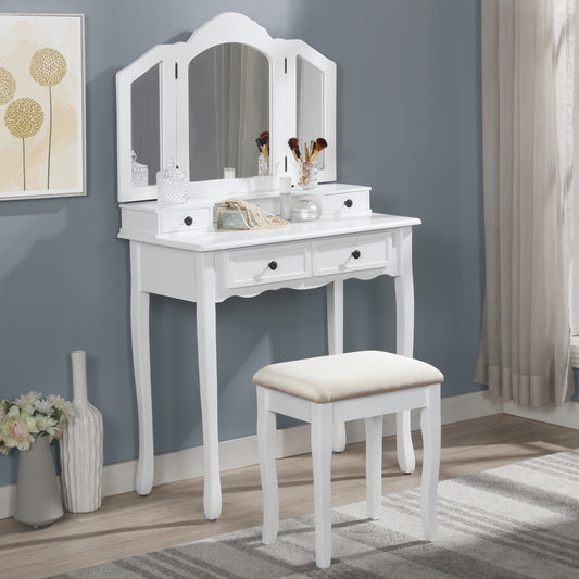 Roundhill Furniture Sanlo Wooden Vanity, Make Up Table and Stool Set, White