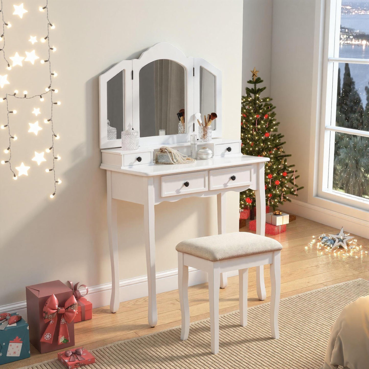 Sanlo White Wooden Vanity, Make Up Table and Stool Set