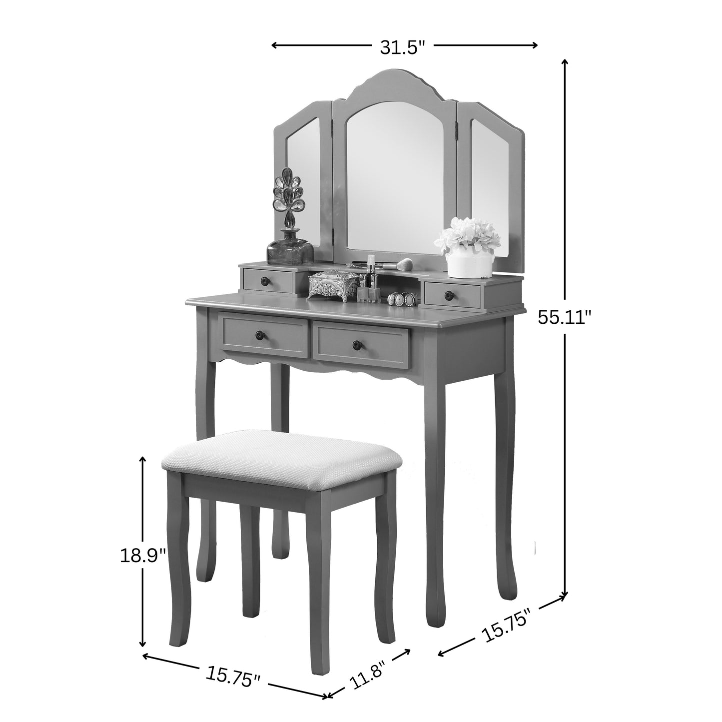 Roundhill Furniture Sanlo Wooden Vanity, Make Up Table and Stool Set, Silver