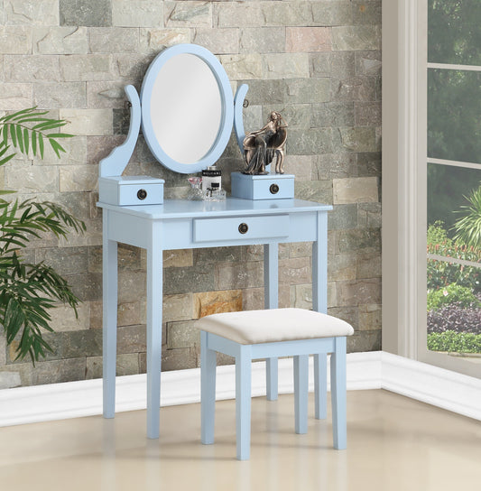 Roundhill Furniture Moniya Wood Makeup Vanity Table and Stool Set, Blue