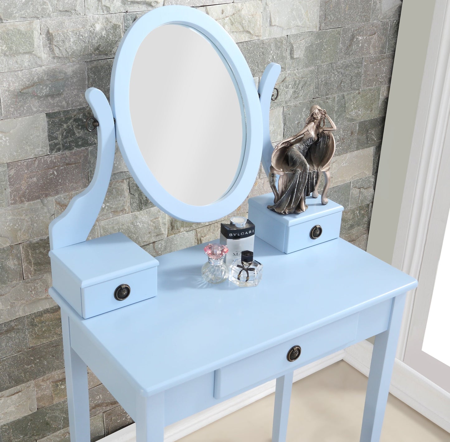 Roundhill Furniture Moniya Wood Makeup Vanity Table and Stool Set, Blue