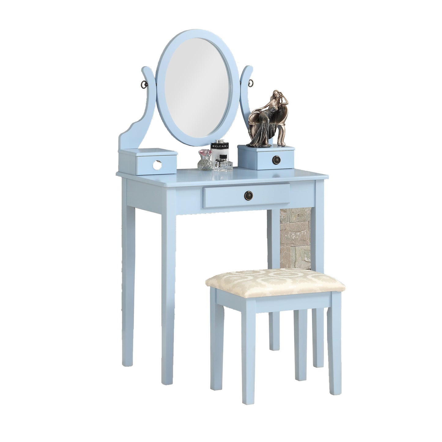 Roundhill Furniture Moniya Wood Makeup Vanity Table and Stool Set, Blue