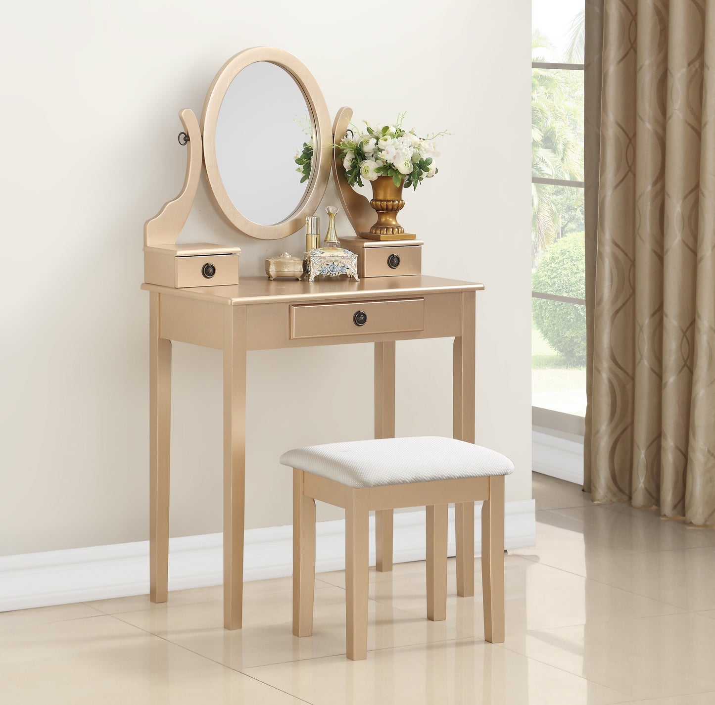 Roundhill Furniture Moniya Wood Makeup Vanity Table and Stool Set, Gold