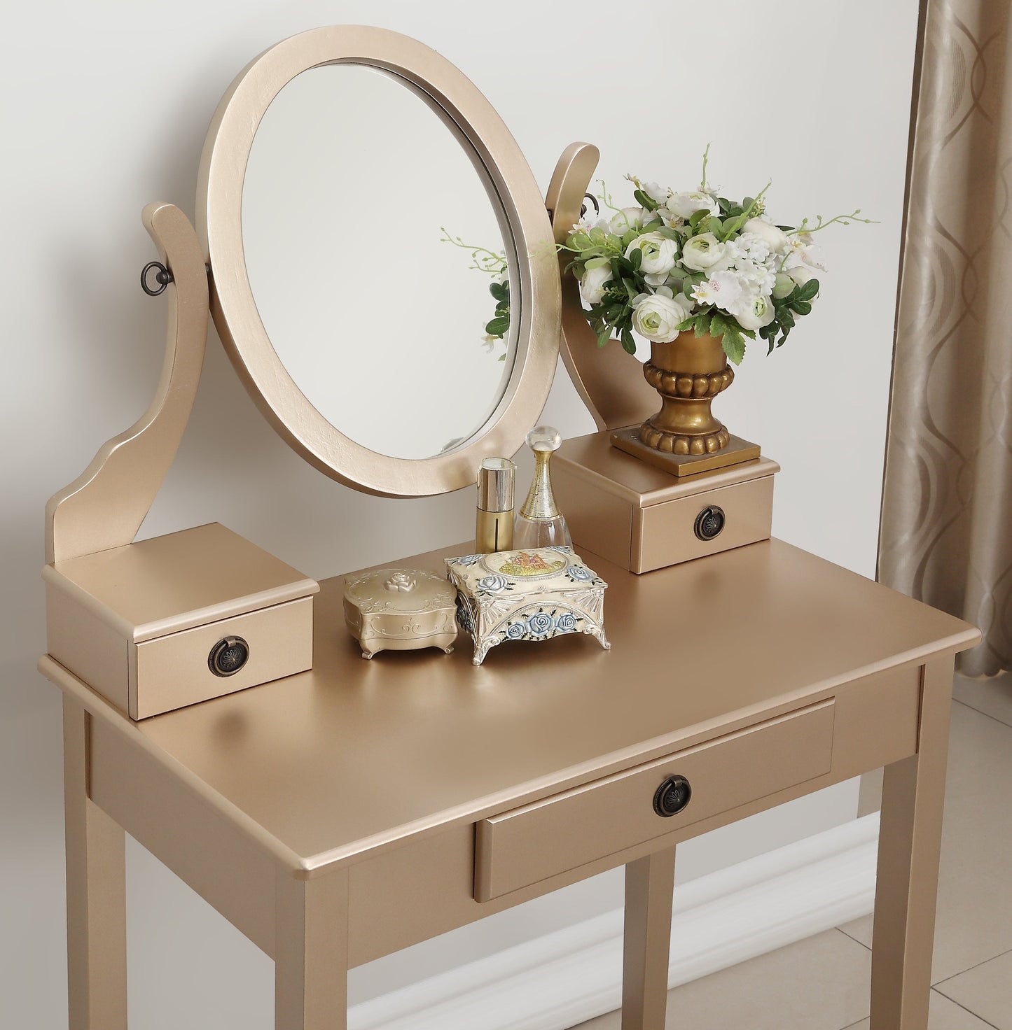 Roundhill Furniture Moniya Wood Makeup Vanity Table and Stool Set, Gold