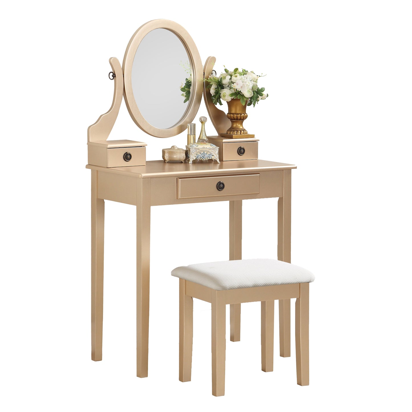 Roundhill Furniture Moniya Wood Makeup Vanity Table and Stool Set, Gold