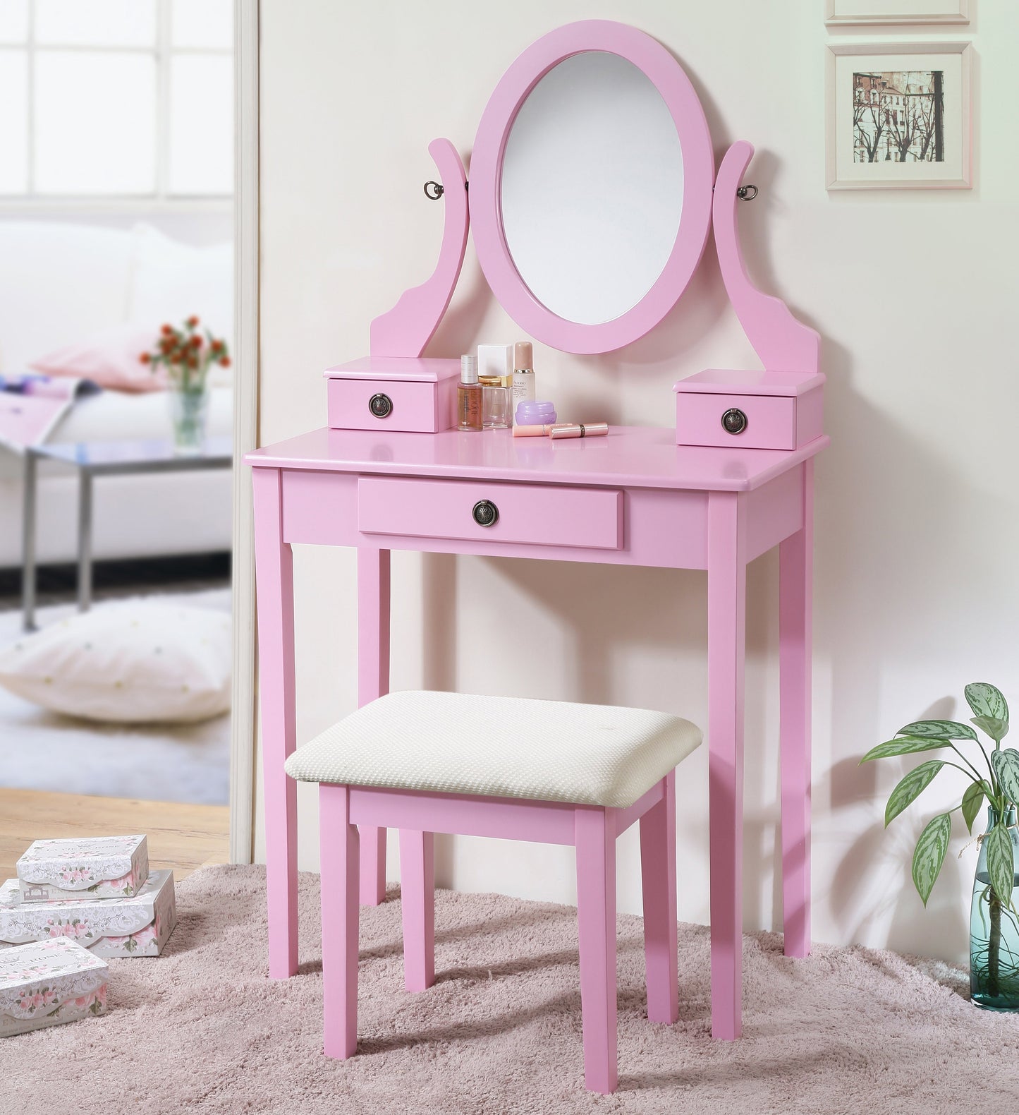 Roundhill Furniture Moniya Wood Makeup Vanity Table and Stool Set, Pink