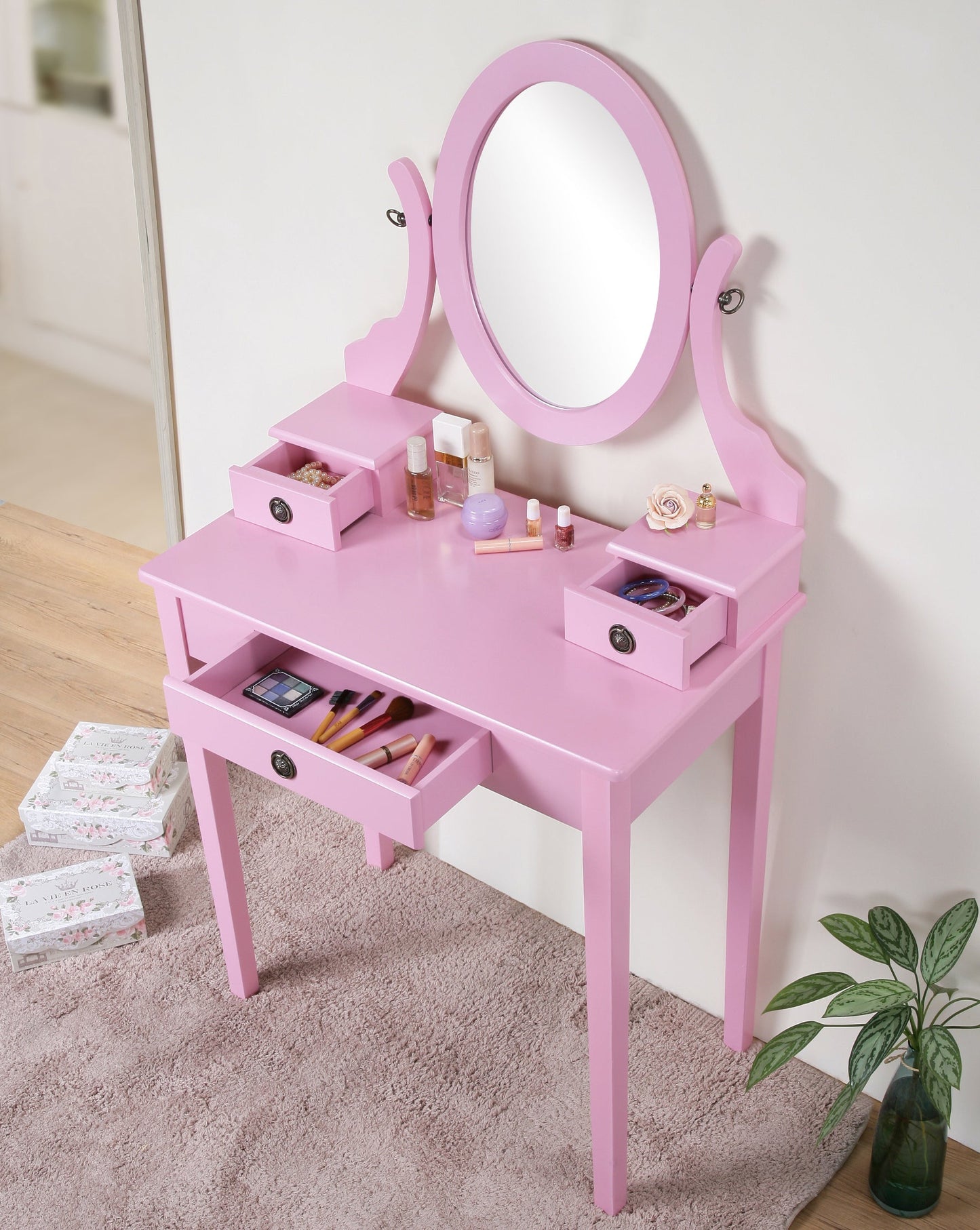 Roundhill Furniture Moniya Wood Makeup Vanity Table and Stool Set, Pink