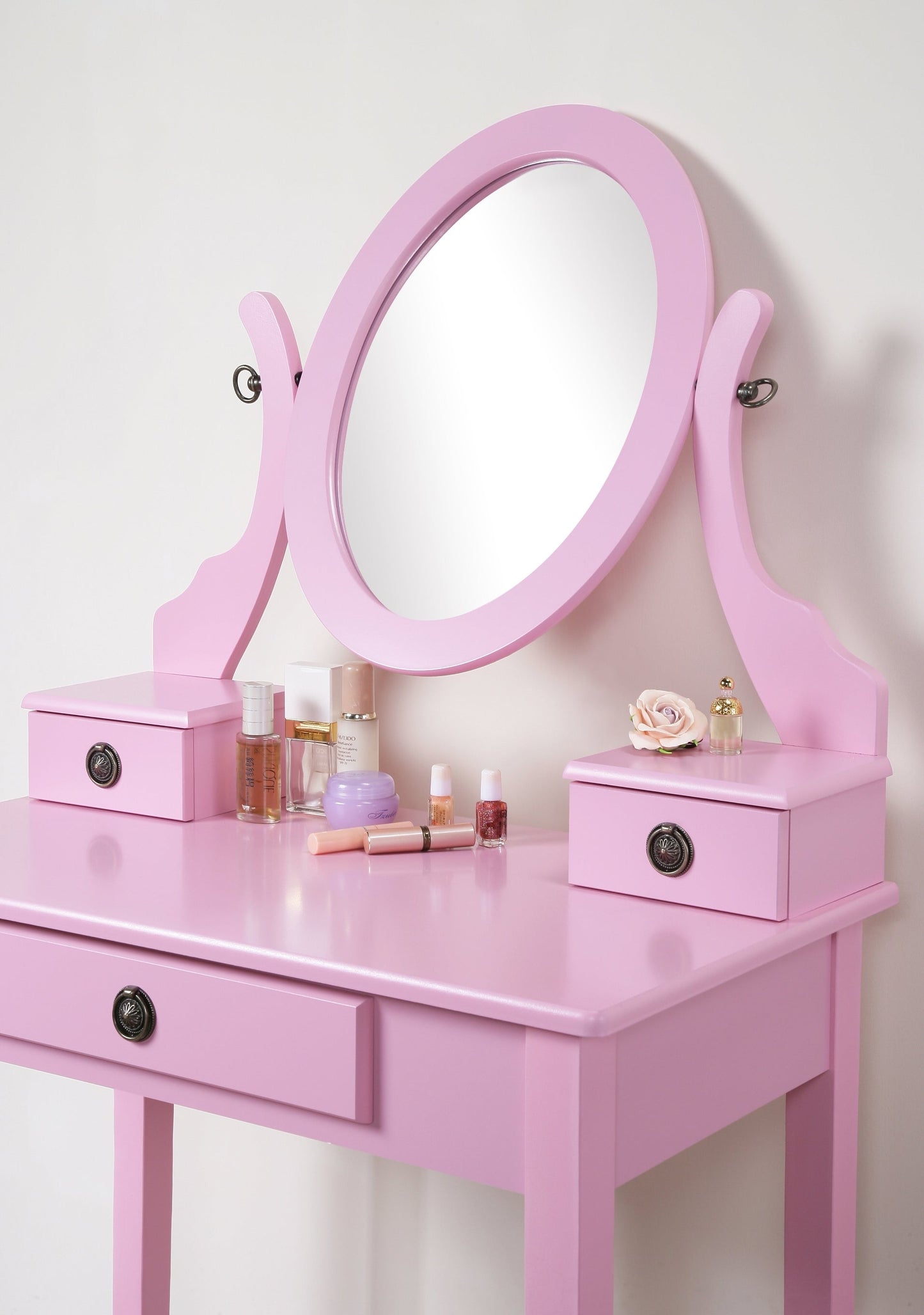 Roundhill Furniture Moniya Wood Makeup Vanity Table and Stool Set, Pink