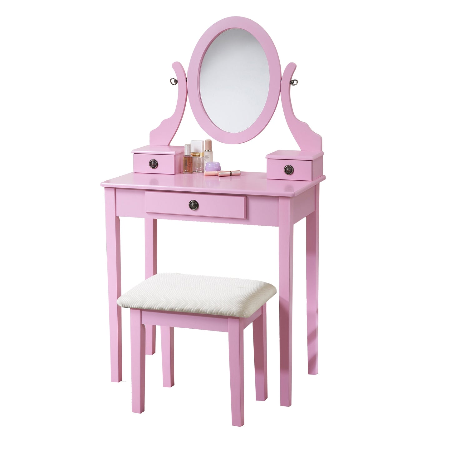 Roundhill Furniture Moniya Wood Makeup Vanity Table and Stool Set, Pink