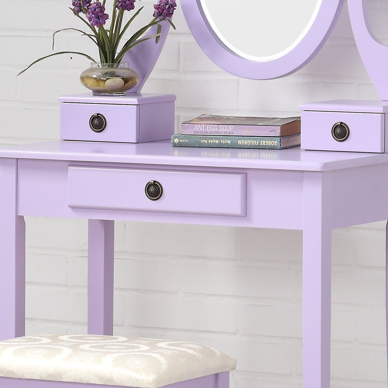 Roundhill Furniture Moniya Wood Makeup Vanity Table and Stool Set