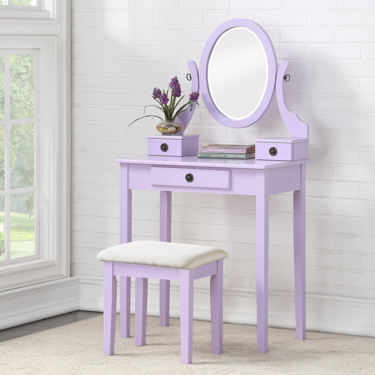 Roundhill Furniture Moniya Wood Makeup Vanity Table and Stool Set, Purple