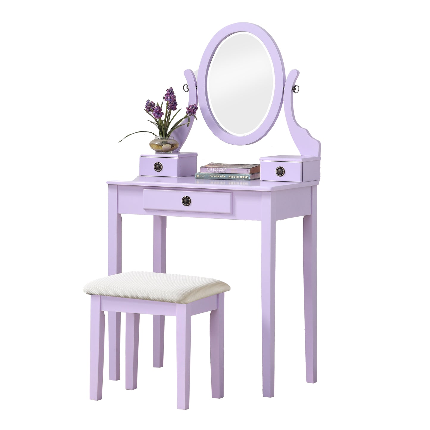 Roundhill Furniture Moniya Wood Makeup Vanity Table and Stool Set, Purple