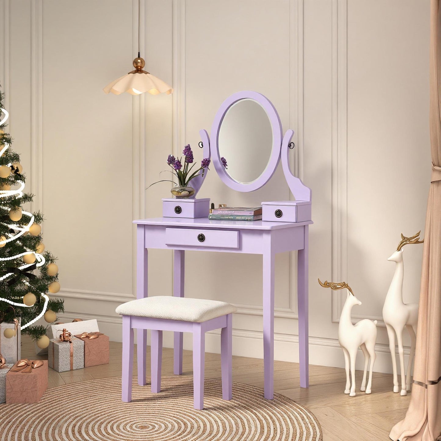 Moniya Purple Wood Makeup Vanity Table and Stool Set