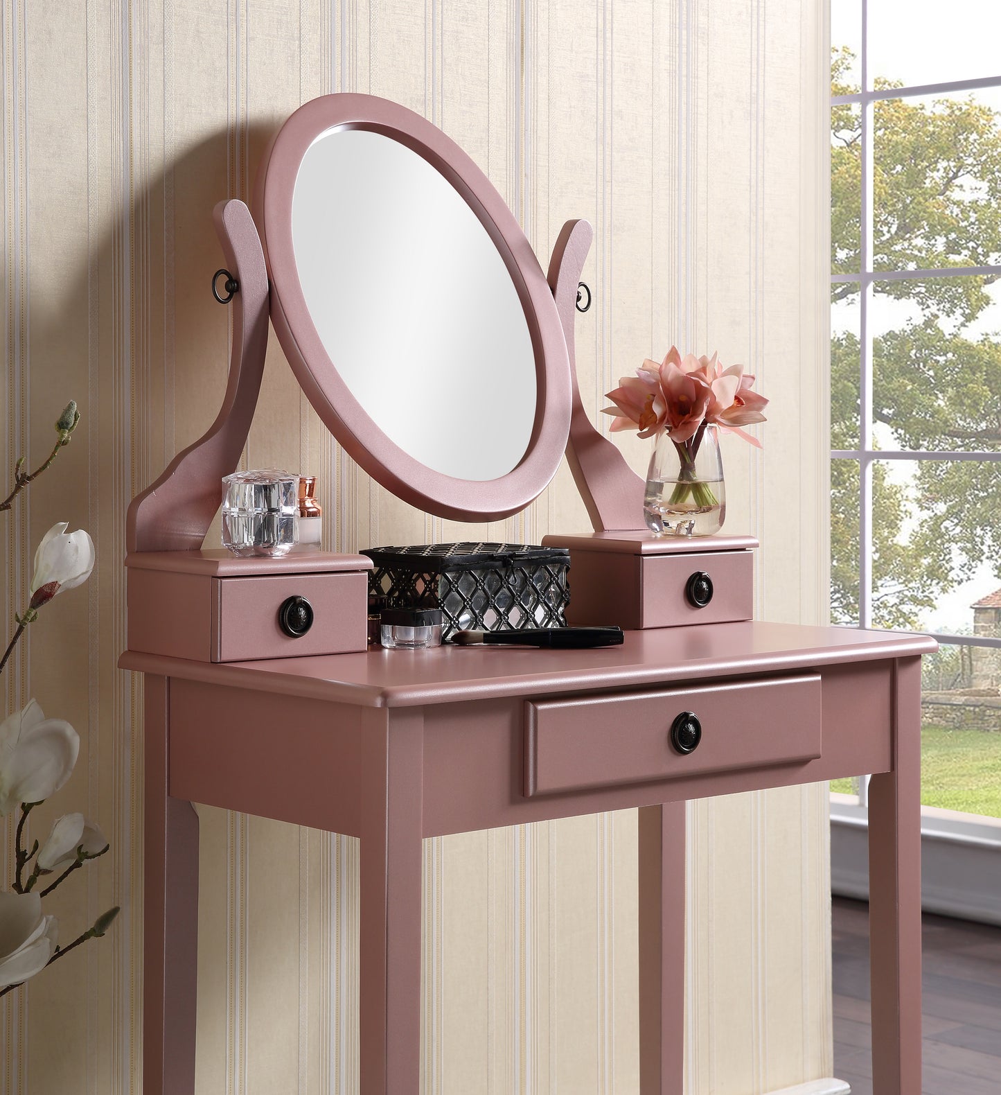 Roundhill Furniture Moniya Wood Makeup Vanity Table and Stool Set, Rose Gold