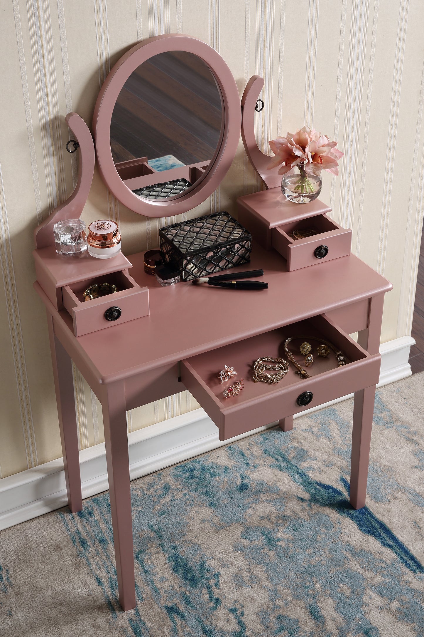 Roundhill Furniture Moniya Wood Makeup Vanity Table and Stool Set, Rose Gold