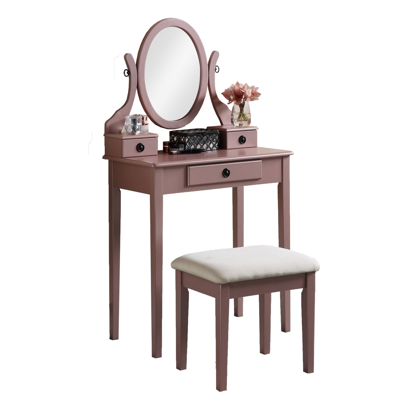 Roundhill Furniture Moniya Wood Makeup Vanity Table and Stool Set, Rose Gold