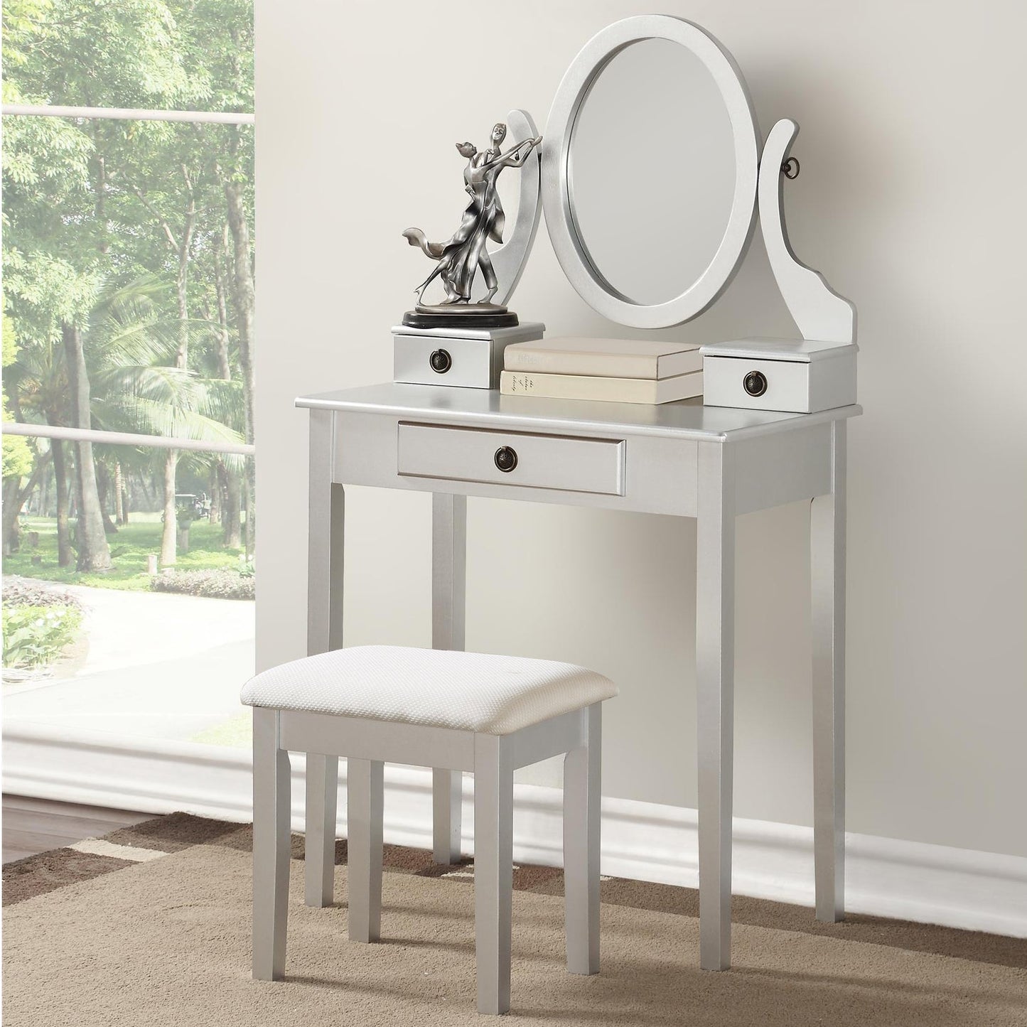 Roundhill Furniture Moniya Wood Makeup Vanity Table and Stool Set