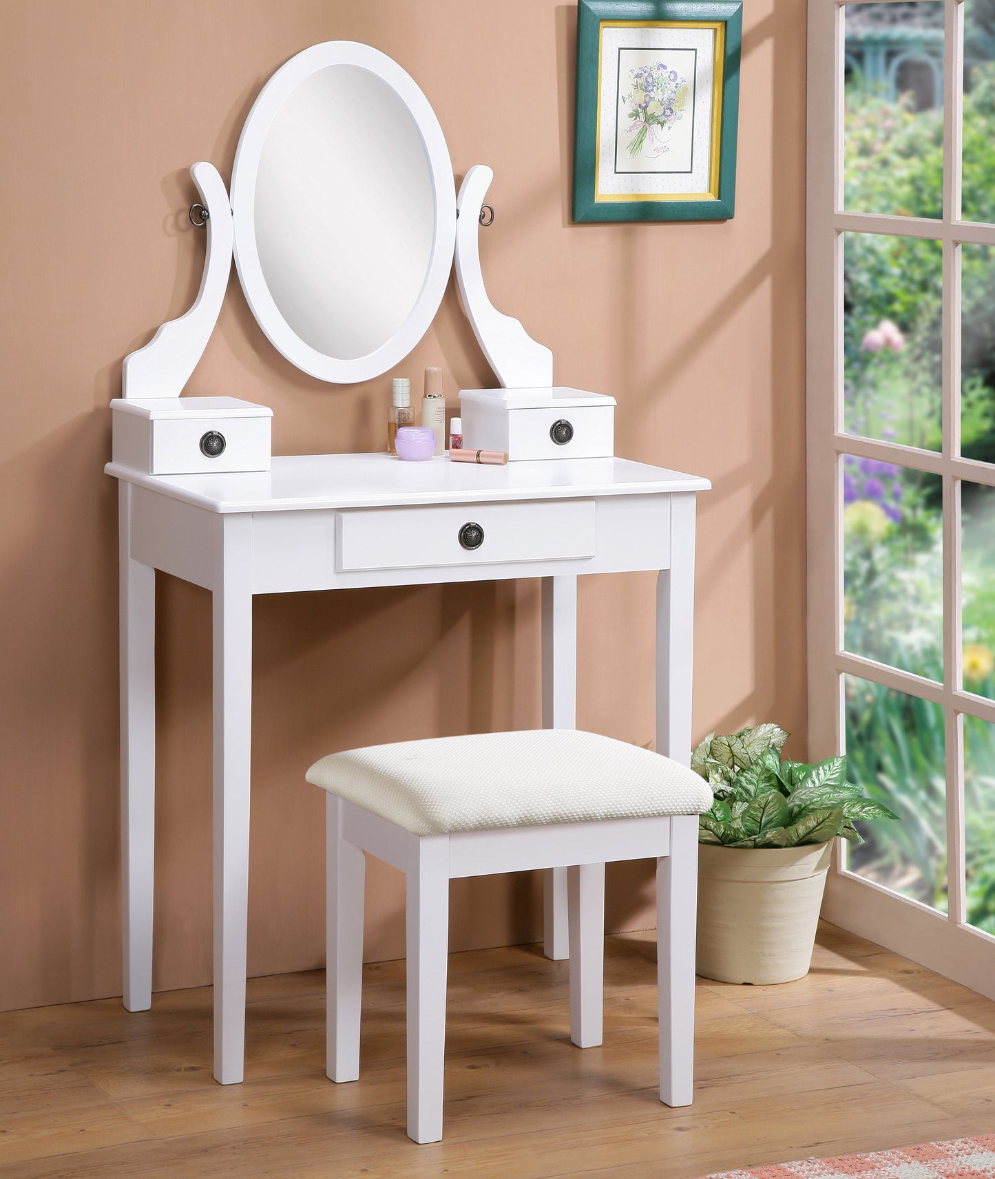 Roundhill Furniture Moniya Wood Vanity Table and Stool Set, White