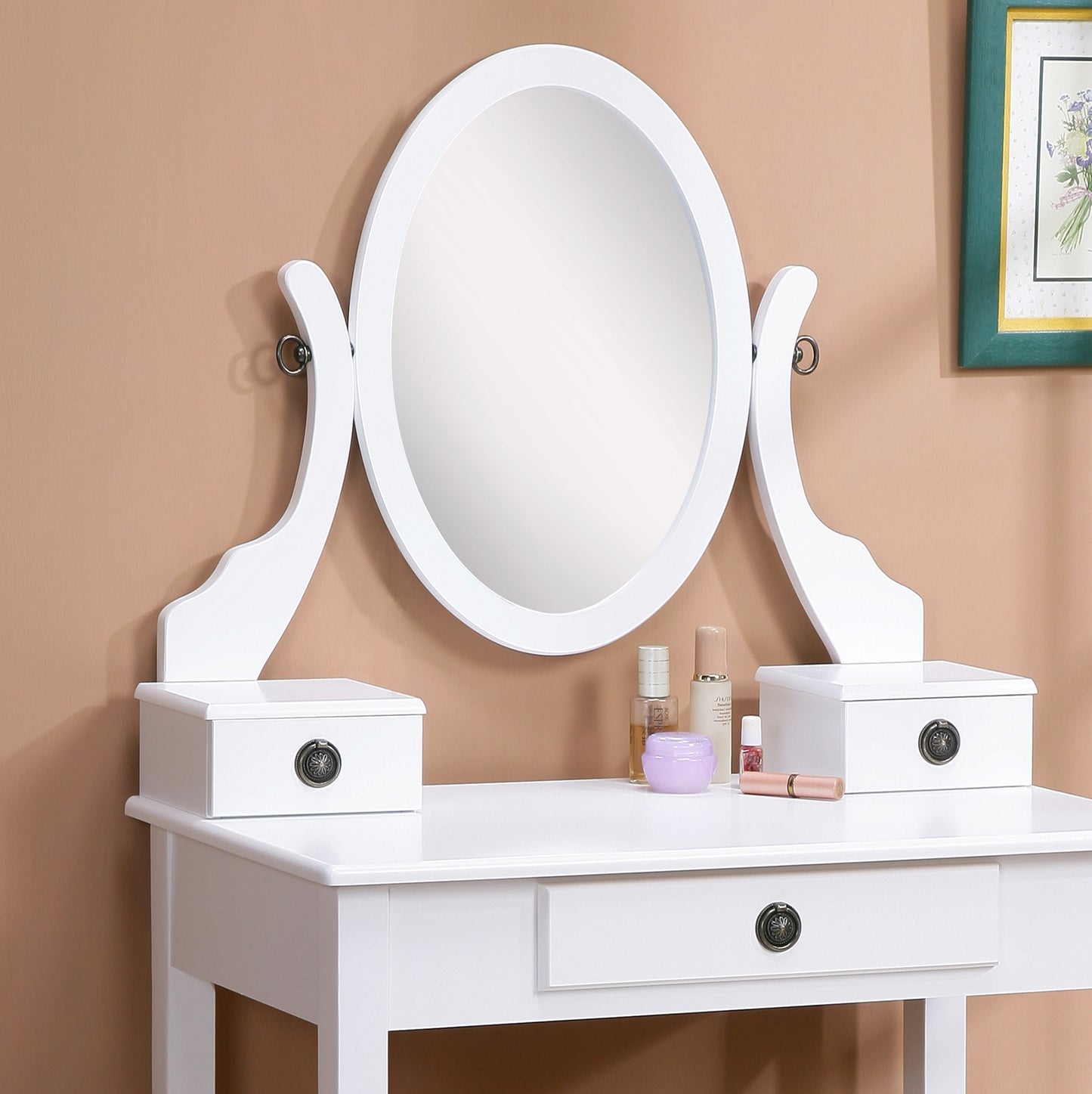 Roundhill Furniture Moniya Wood Vanity Table and Stool Set, White