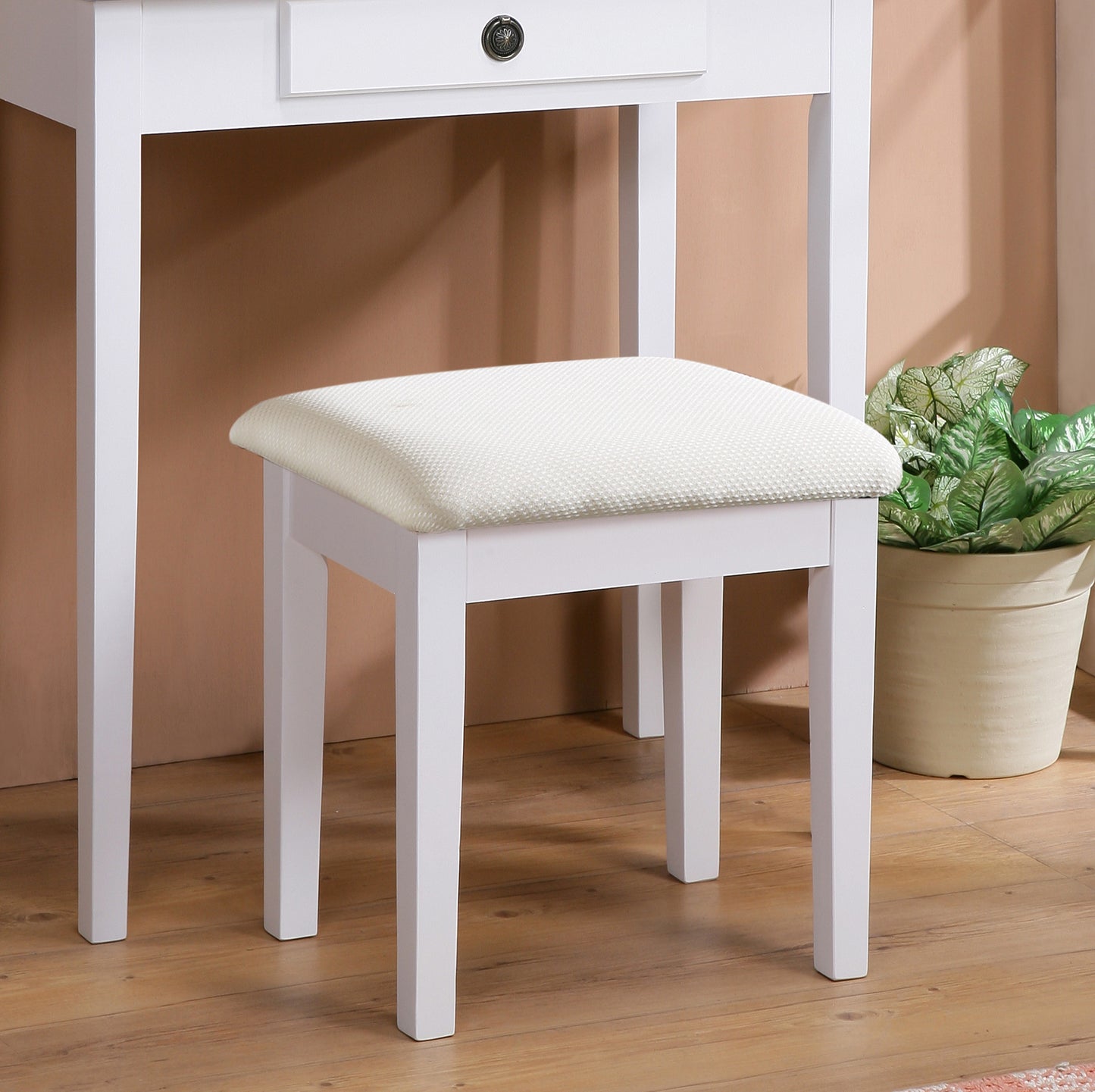 Roundhill Furniture Moniya Wood Vanity Table and Stool Set, White