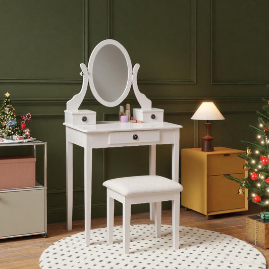 Moniya White Wood Vanity Table and Stool Set, White