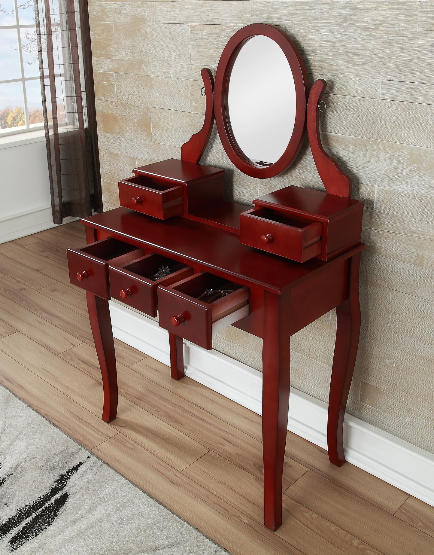 Roundhill Furniture Ashley Wood Make-Up Vanity Table and Stool Set, Cherry