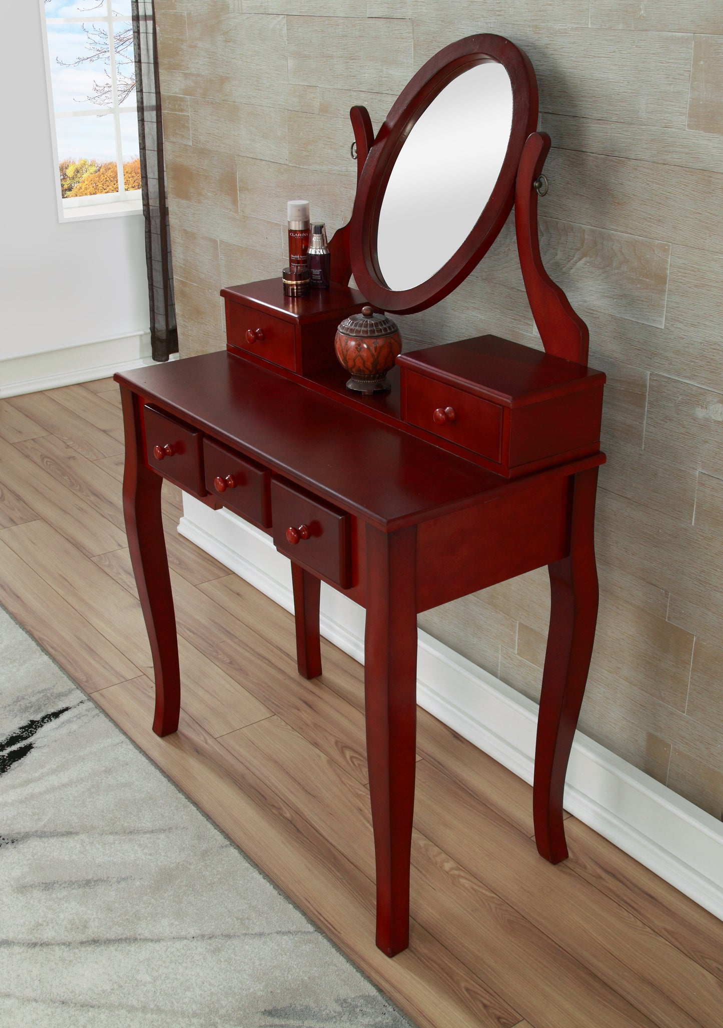 Roundhill Furniture Ashley Wood Make-Up Vanity Table and Stool Set, Cherry