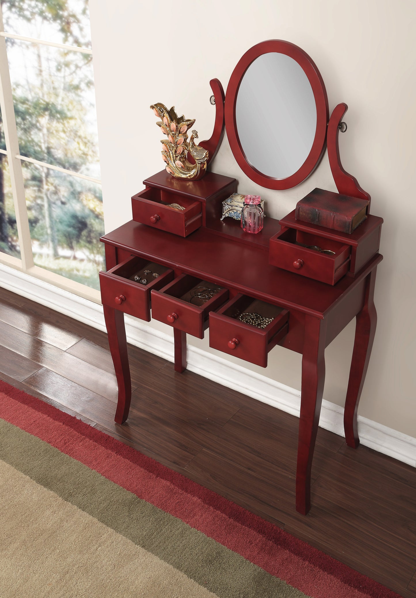 Roundhill Furniture Ashley Wood Make-Up Vanity Table and Stool Set, Cherry