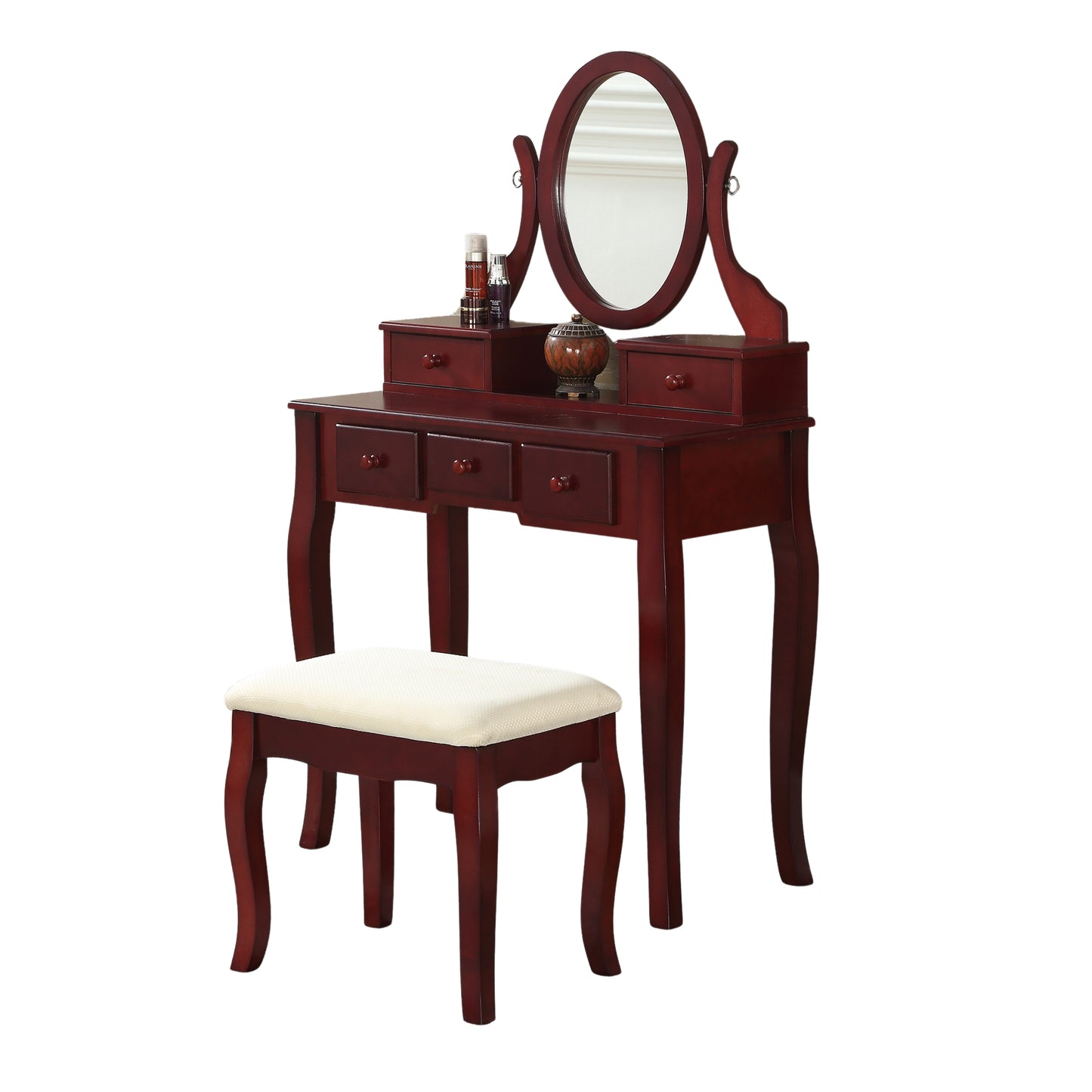 Roundhill Furniture Ashley Wood Make-Up Vanity Table and Stool Set, Cherry