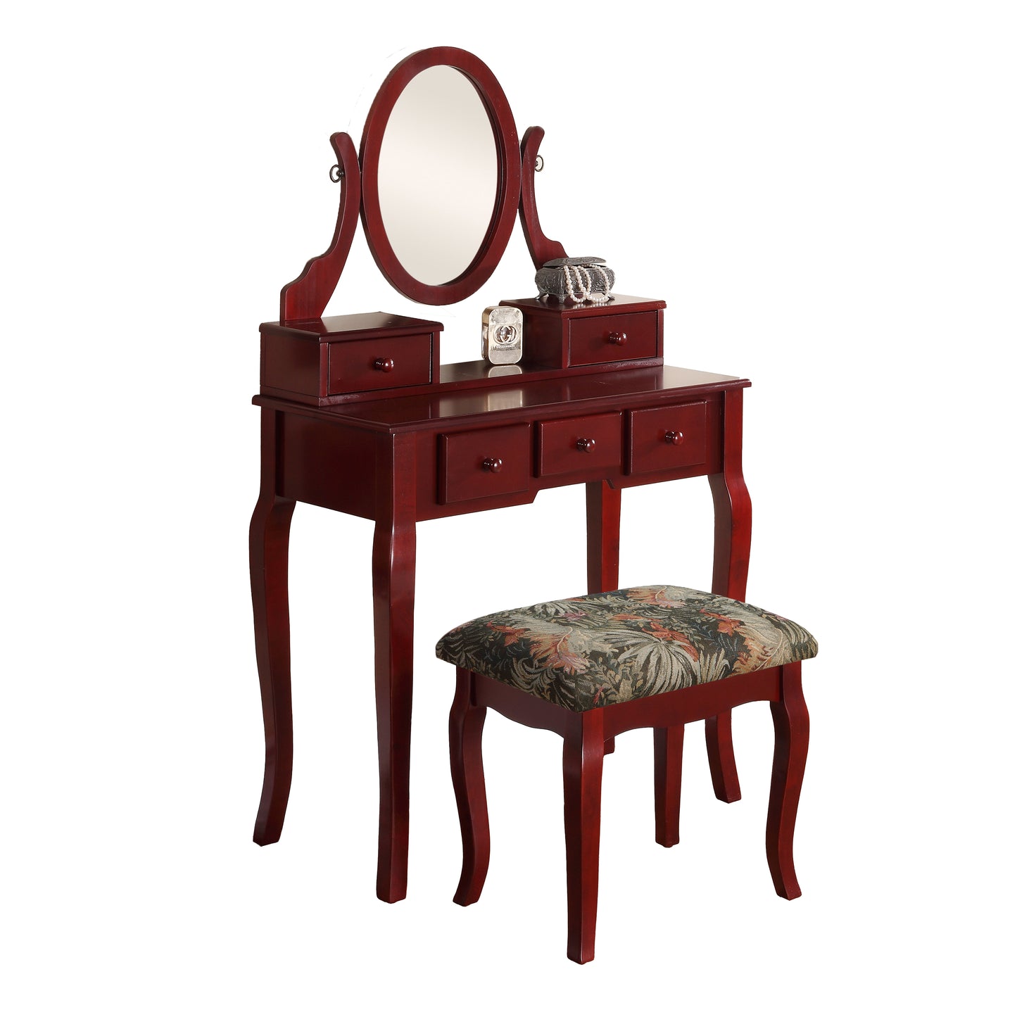 Roundhill Furniture Ashley Wood Make-Up Vanity Table and Stool Set, Cherry