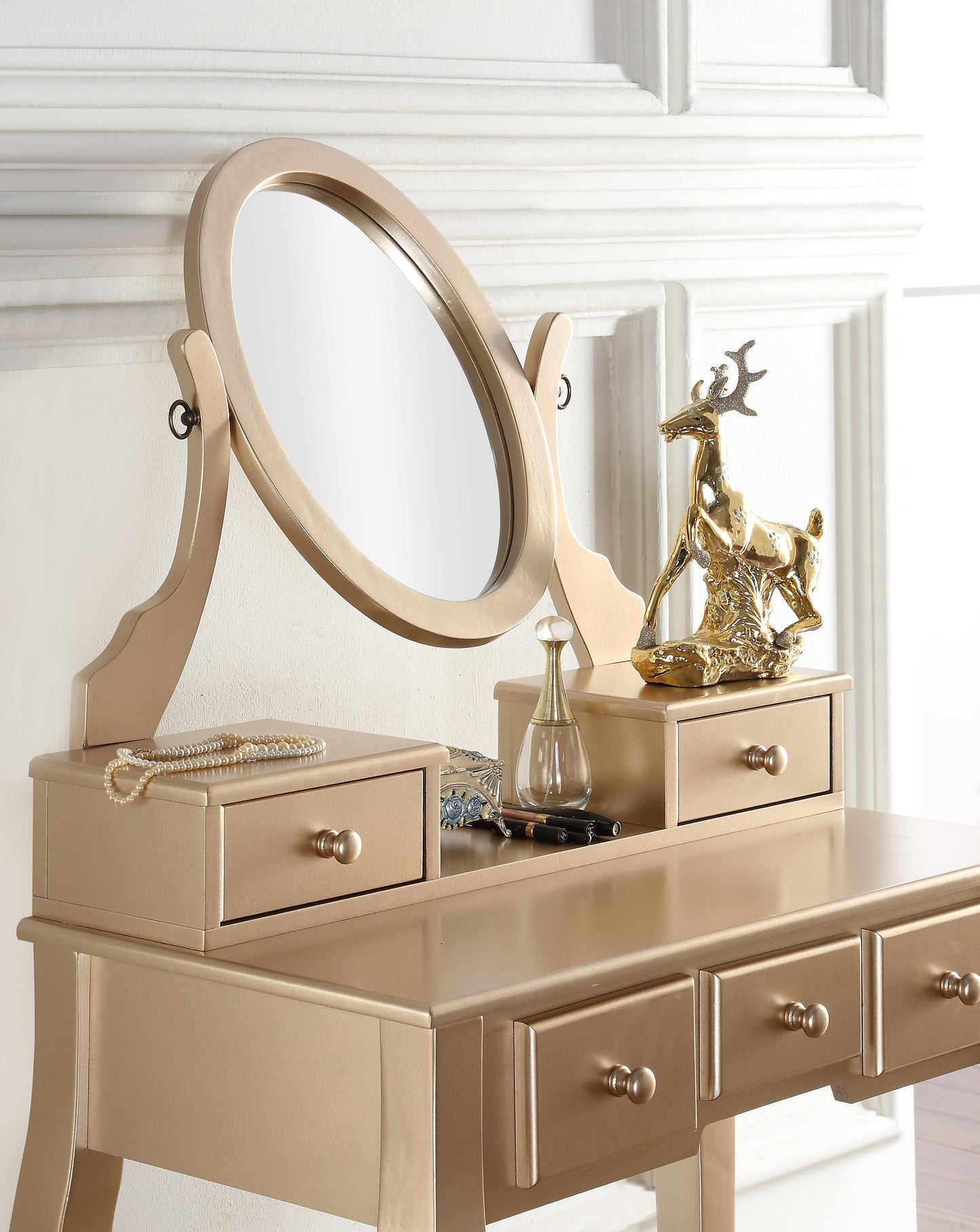 Roundhill Furniture Ashley Wood Makeup Vanity Table and Stool Set, Gold