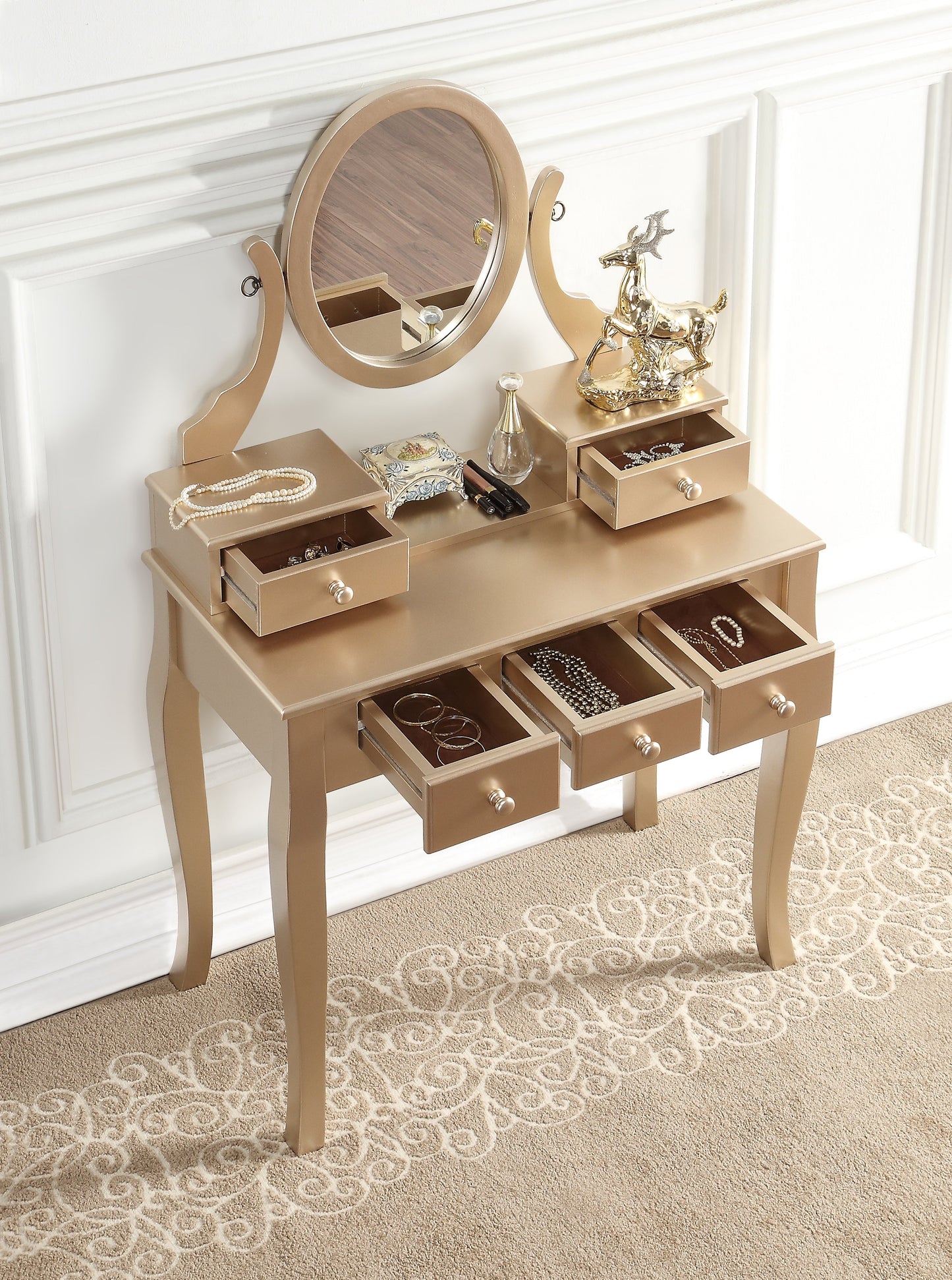 Roundhill Furniture Ashley Wood Makeup Vanity Table and Stool Set, Gold