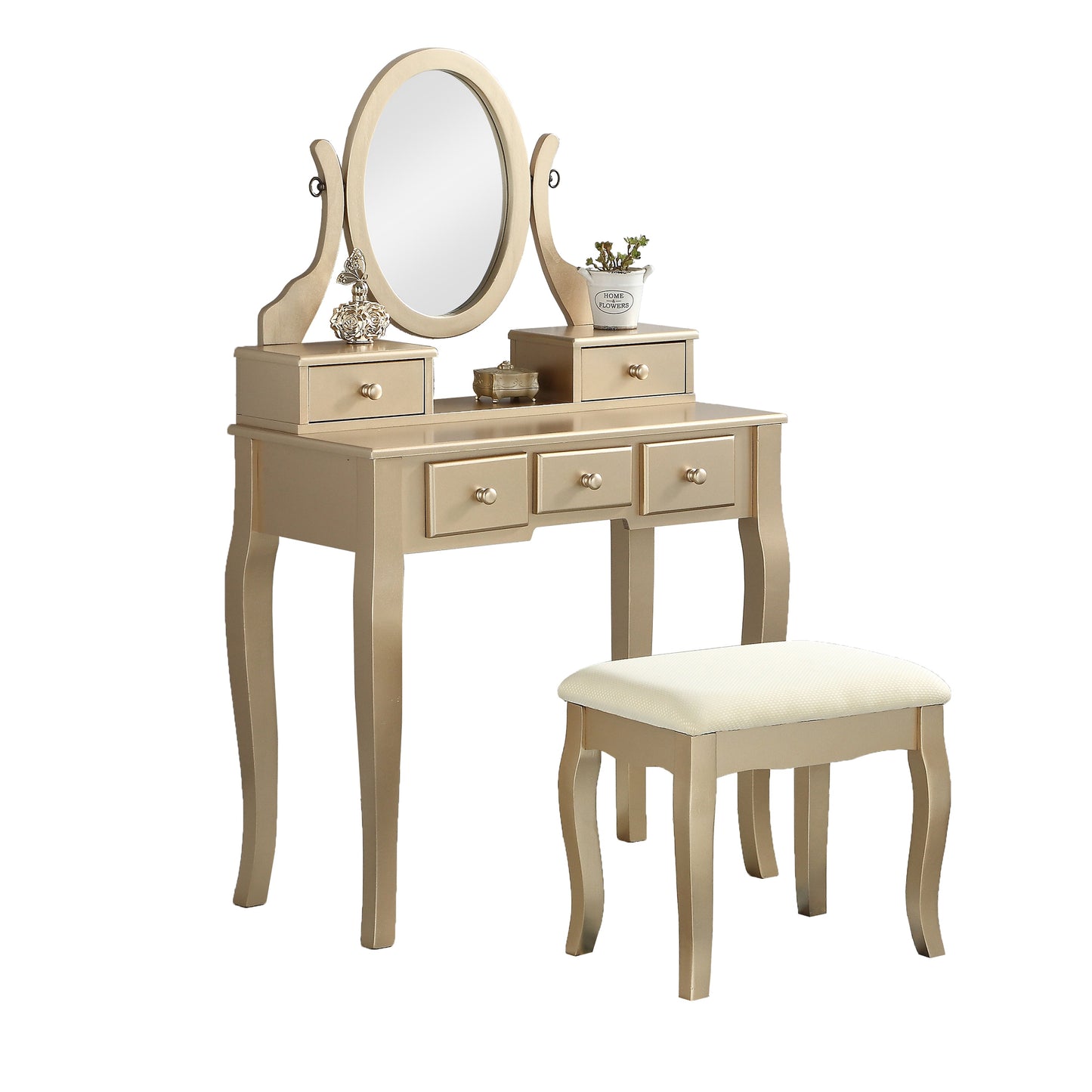 Roundhill Furniture Ashley Wood Makeup Vanity Table and Stool Set, Gold