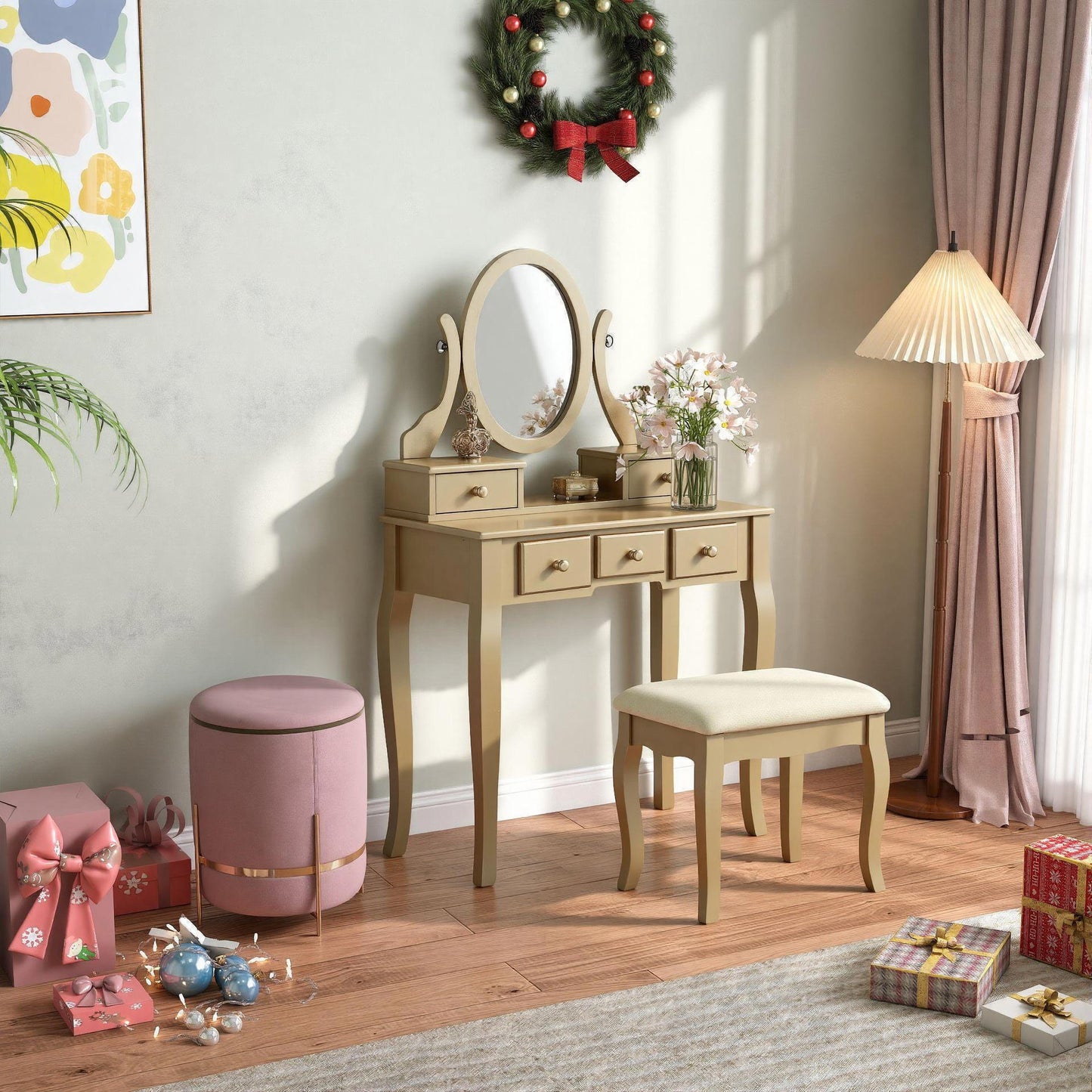 Ashley Gold Wood Makeup Vanity Table and Stool Set