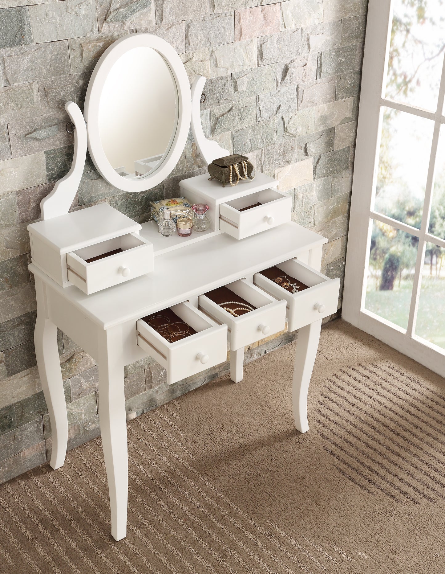 Roundhill Furniture Ashley Wood Make-Up Vanity Table and Stool Set, White