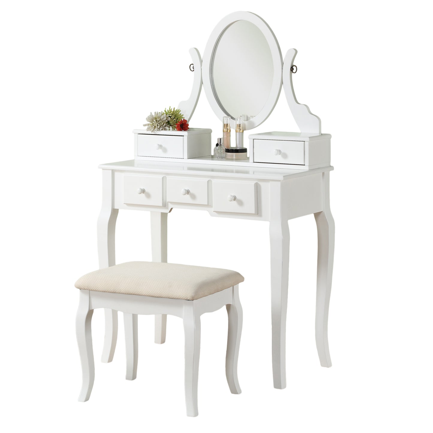 Roundhill Furniture Ashley Wood Make-Up Vanity Table and Stool Set, White