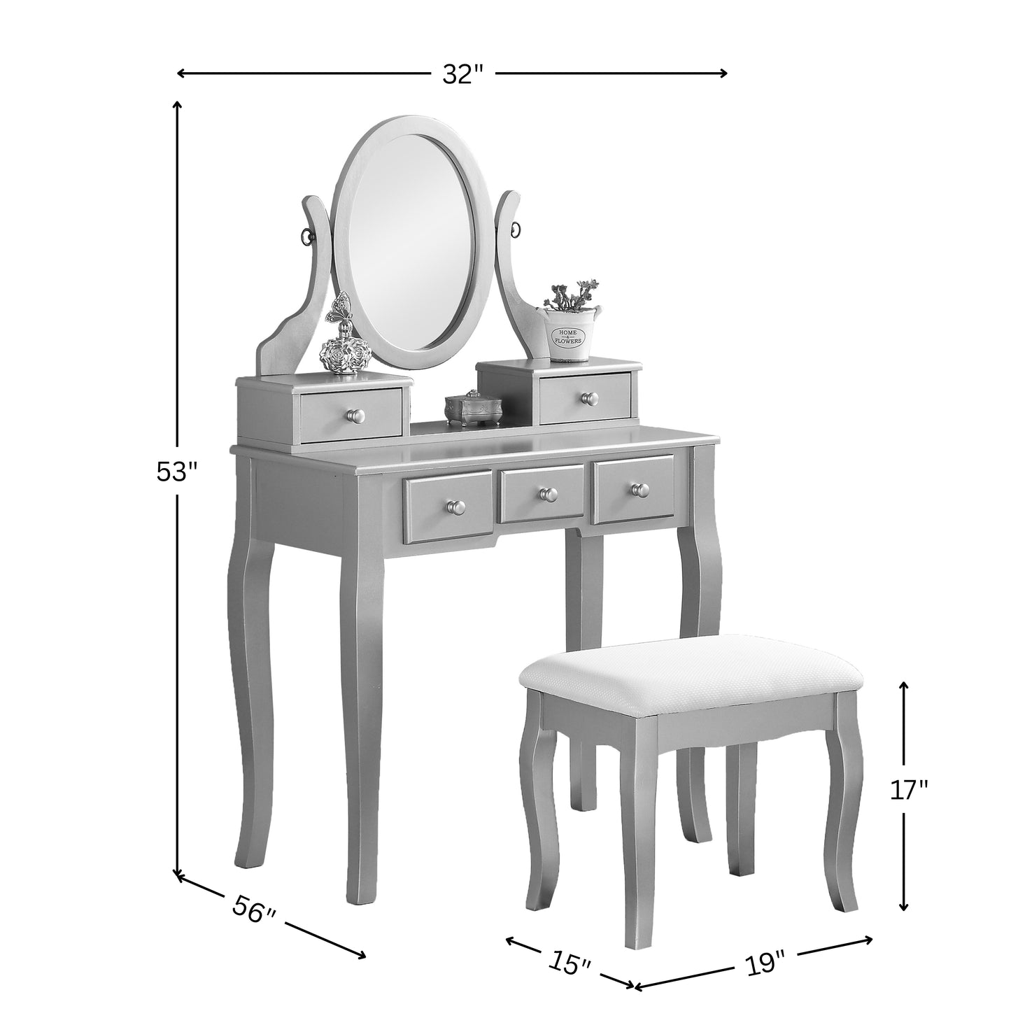 Roundhill Furniture Ashley Wood Make-Up Vanity Table and Stool Set