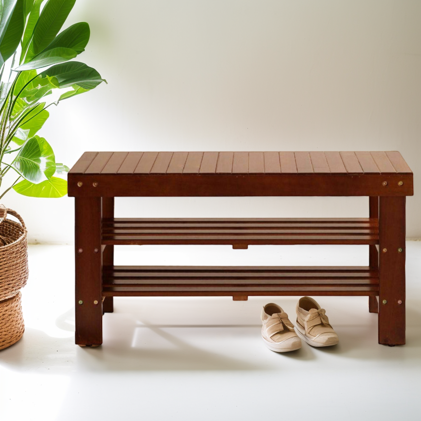 Cherry Finish Solid Wood Shoe Bench with Shelf