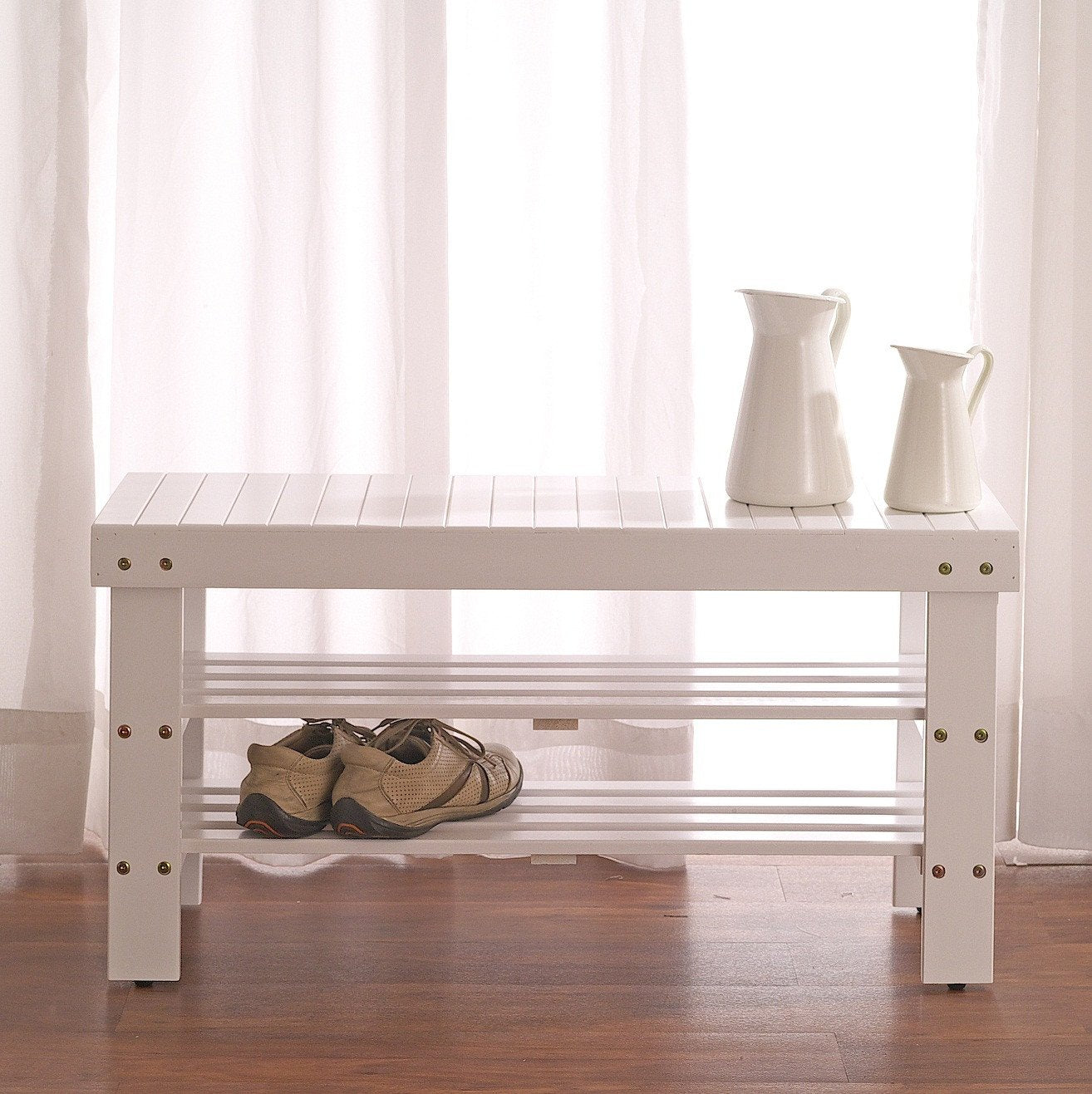 Roundhill Furniture Pina Quality Solid Wood Shoe Bench, White Finish