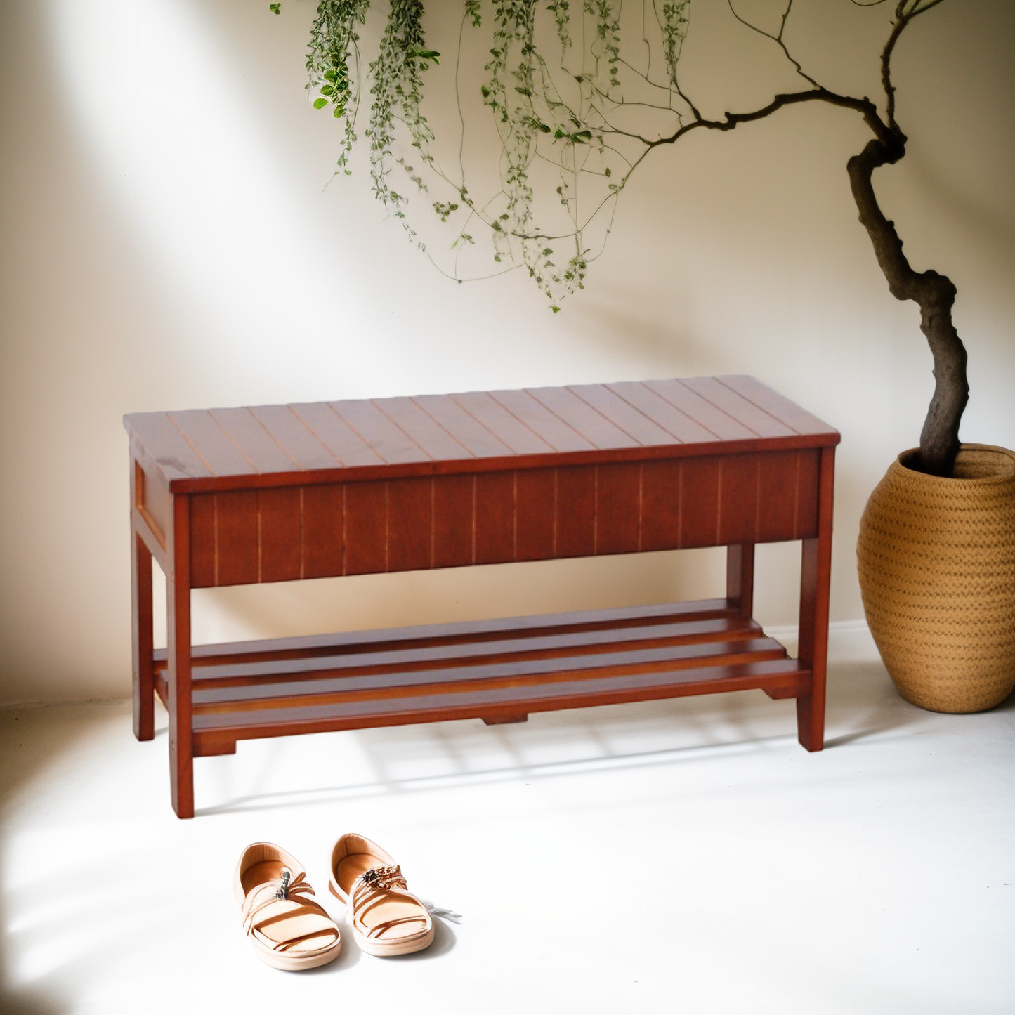 Roundhill Quality Solid Wood Shoe Bench with Storage, Cherry