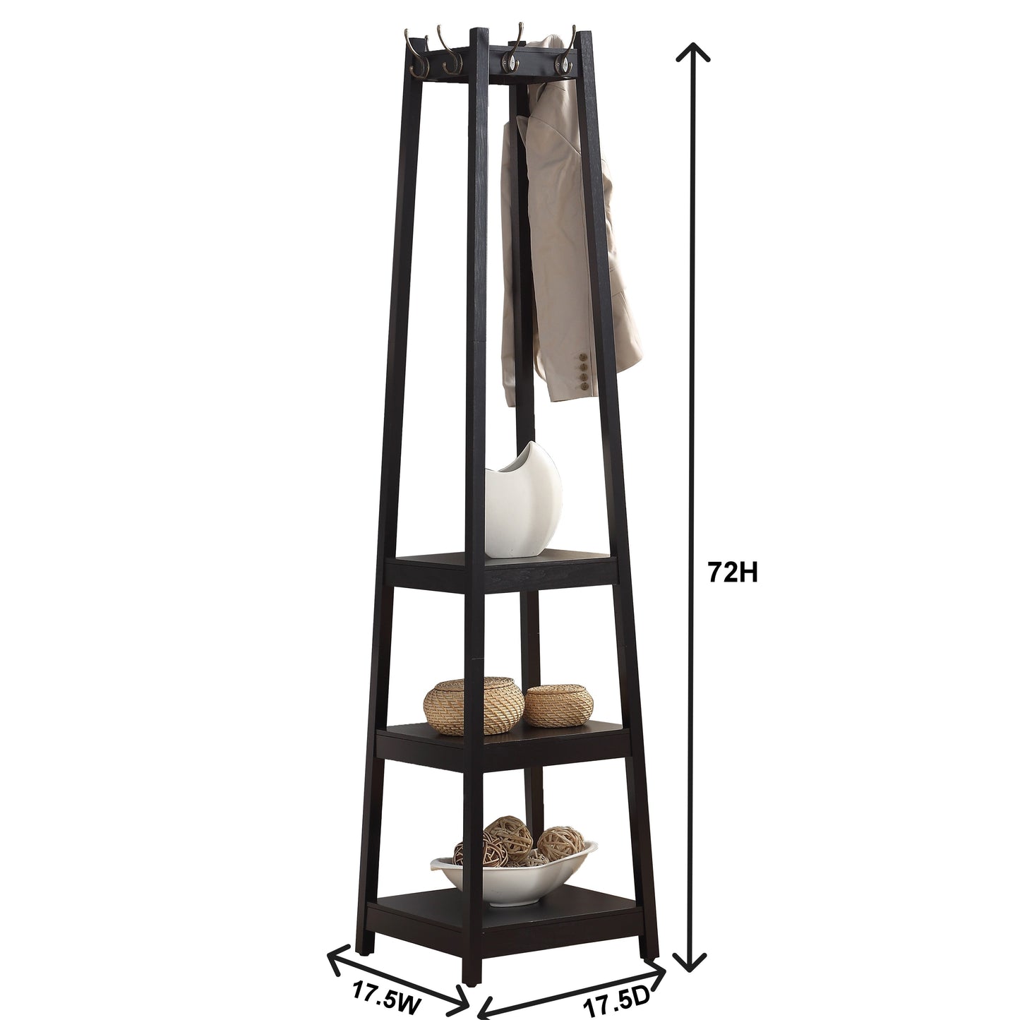 Roundhill Furniture Vassen Coat Rack w/ 3-Tier Storage Shelves - White Finish