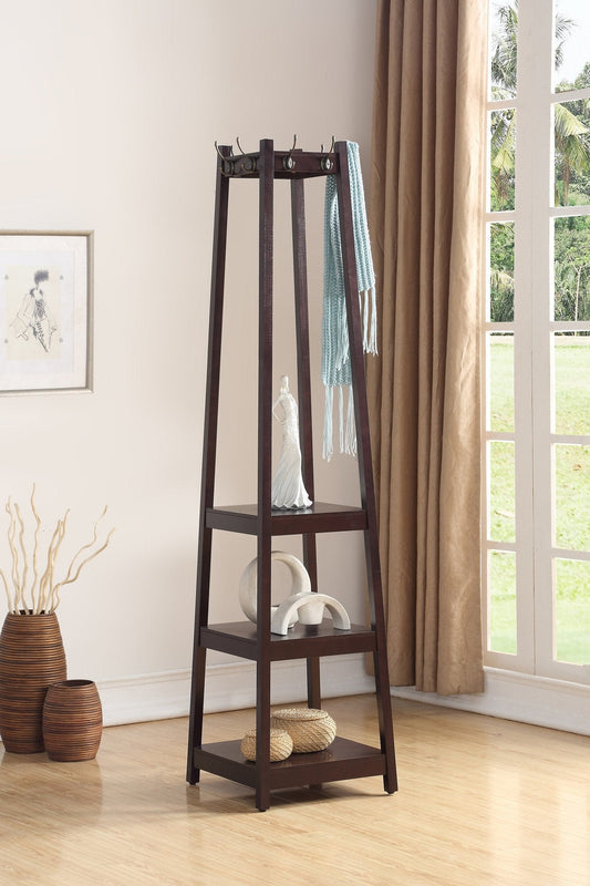 Roundhill Furniture Vassen Coat Rack w/ 3-Tier Storage Shelves - Espresso Finish