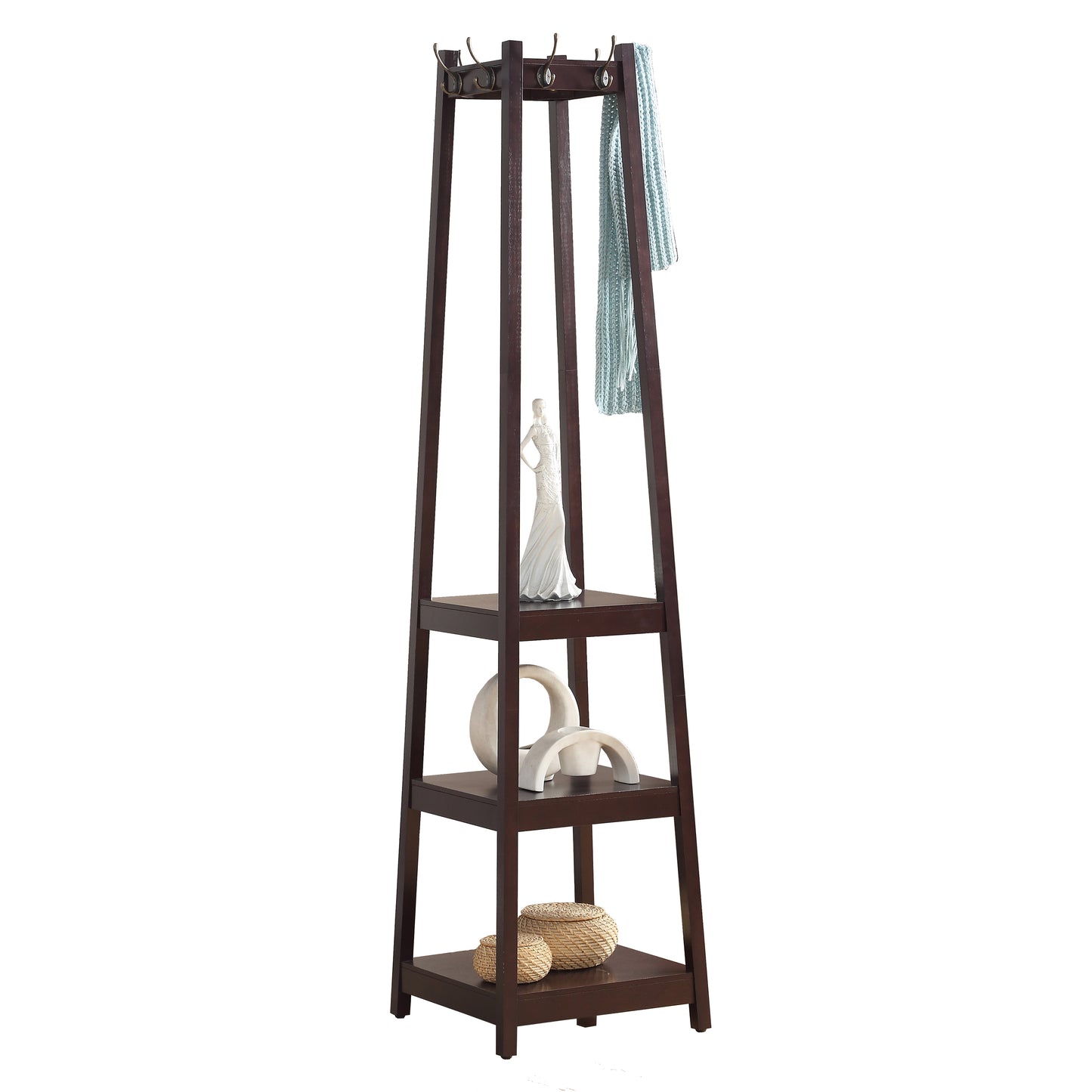 Roundhill Furniture Vassen Coat Rack w/ 3-Tier Storage Shelves - Espresso Finish