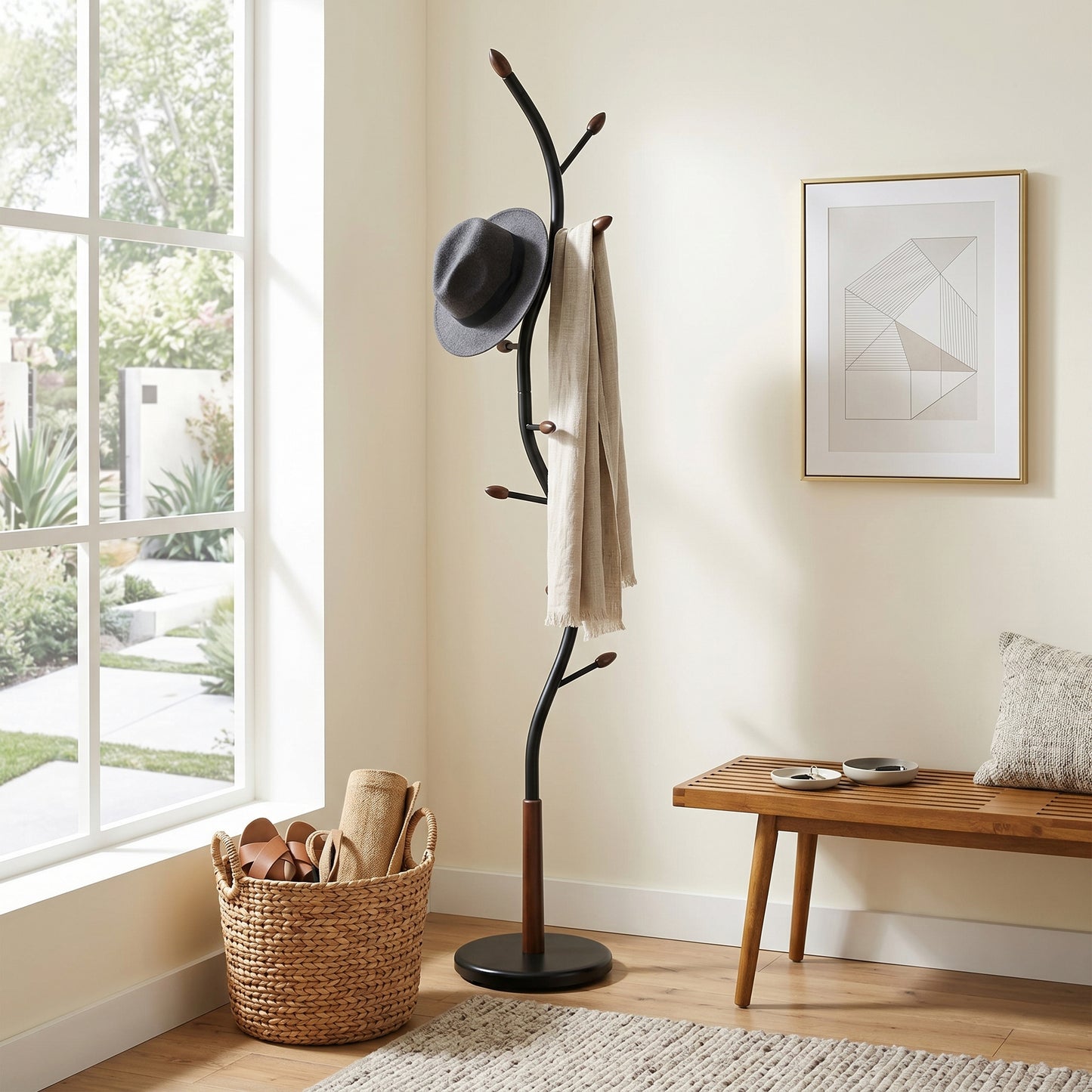 Arles Metal Black and Walnut Standing Coat Rack