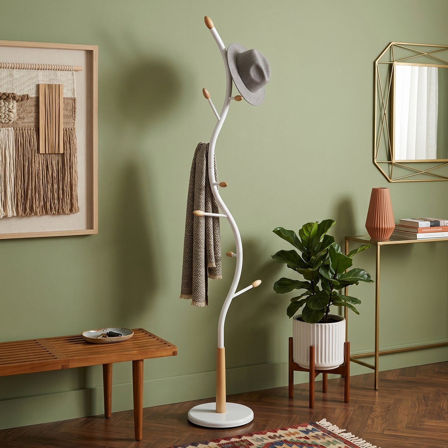 Arles Metal White and Oak Standing Coat Rack