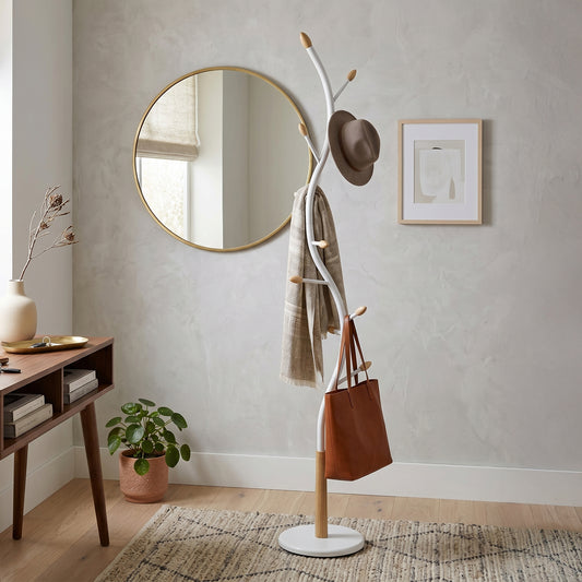 Arles Metal White and Oak Standing Coat Rack